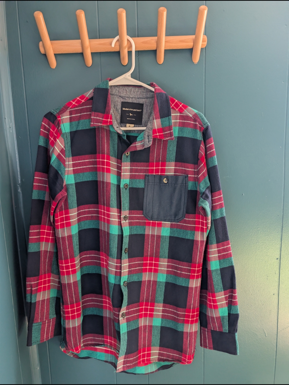 Modern Amusement Plaid Button-Up Shirt in Red, Teal & Navy